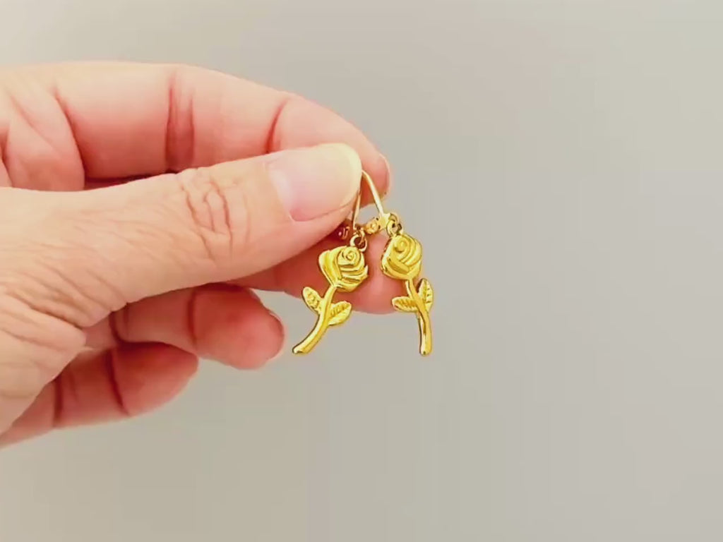 Gold Rose Earrings Dangle handmade June birth flower jewelry, romantic elegant June Birth Flower nature botanical Birthday gift for gardener