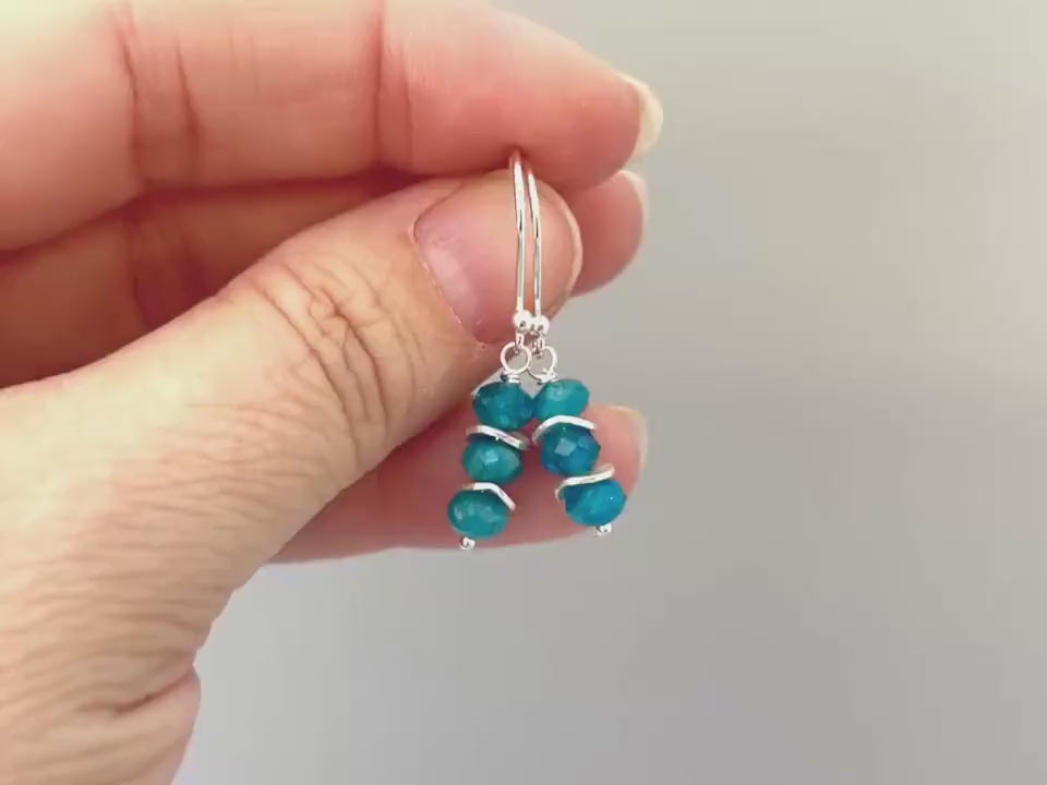 Dainty Blue Apatite gemstone earrings dangle, 14k Gold