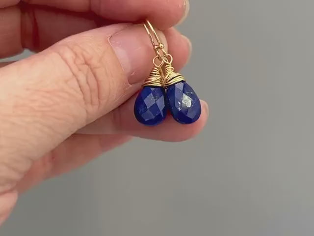 Lapis Lazuli Earrings Dangle, 14k Gold, Silver Teardrop