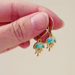 Gold Jellyfish Earrings dangle handmade beach jewelry unique dangling aqua charm ocean earrings gift for surfer, swimmer, sister daughter