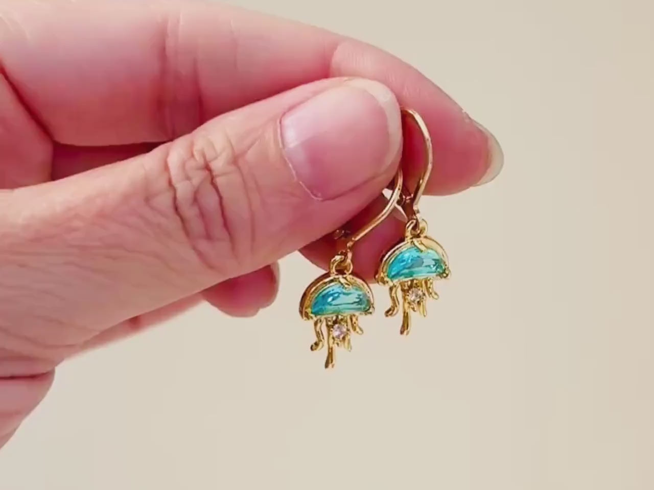 Gold Jellyfish Earrings dangle handmade beach jewelry unique dangling aqua charm ocean earrings gift for surfer, swimmer, sister daughter
