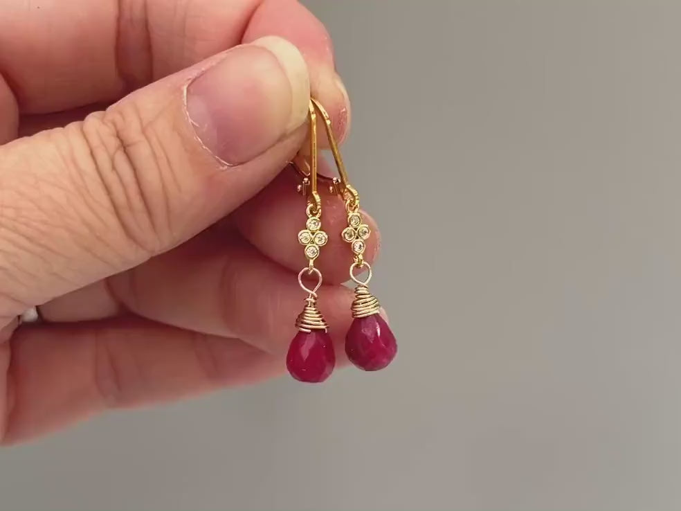 Ruby earrings dangle 14k Fill Gold, crystal