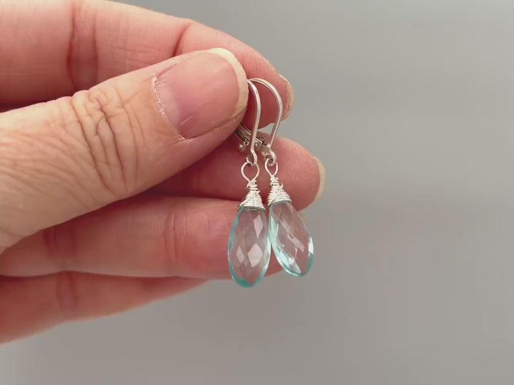 Aquamarine Quartz earrings dangle, Sterling Silver Baby Blue