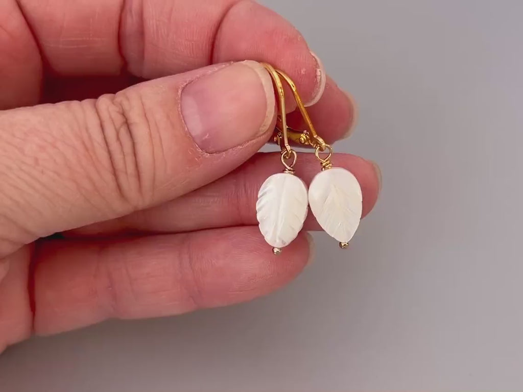 Mother of Pearl Leaf Earrings dangle, drop handmade minimalist pearl jewelry 14k Gold, Silver, Summer Jewelry iridescent beachy shell