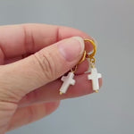 Dainty Mother of Pearl Cross Hoop Earrings Gold, Silver minimalist religious faith jewelry for women Christian baptism confirmation gift mom