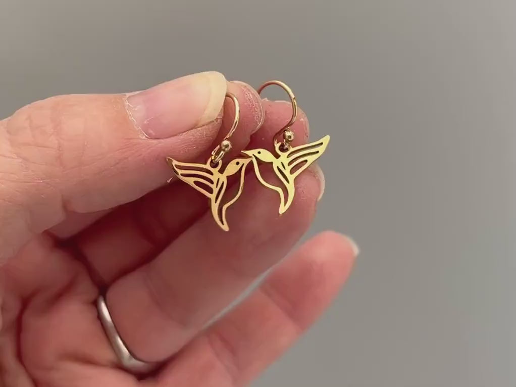 Bird Earrings dangle Gold, Silver, Hummingbird Jewelry