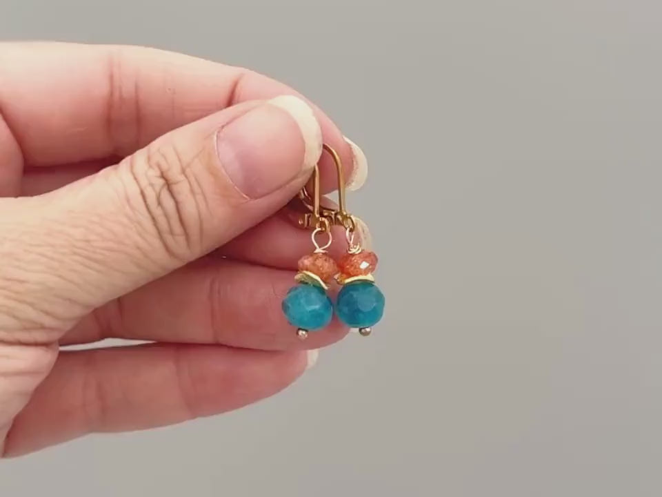 Dangly Sunstone Gemstone Earrings in gold or sterling silver handmade orange blue Apatite jewelry drop earrings gift for sister, friend, mom