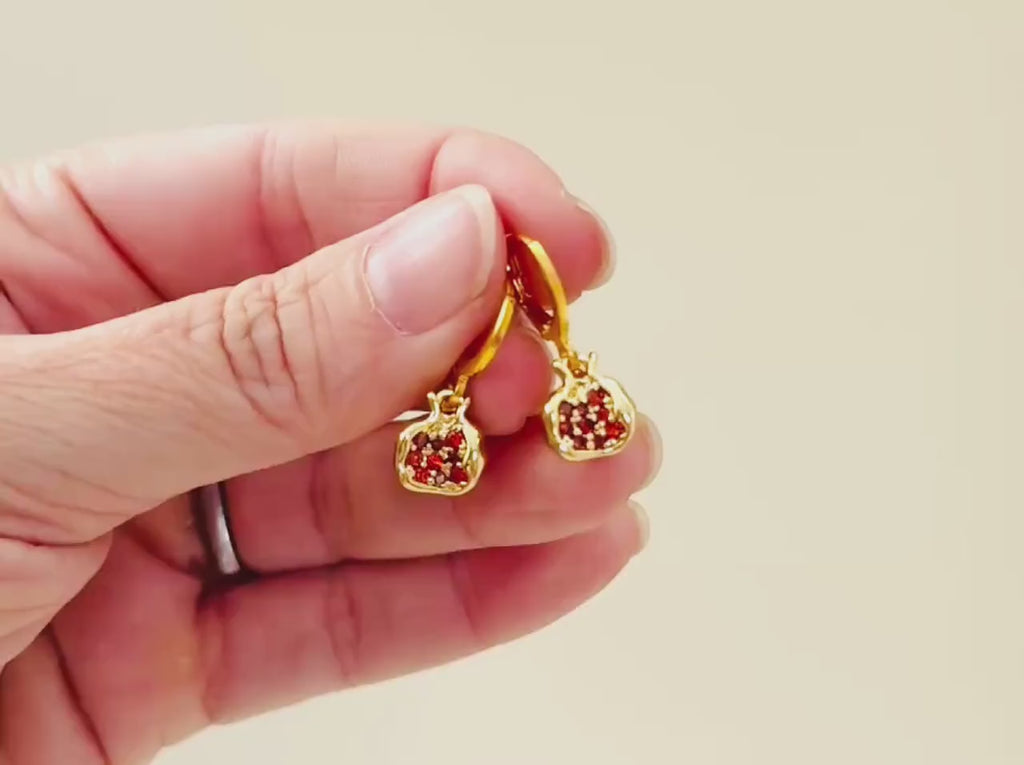 Silver Pomegranate Earrings dangle handmade cute red garnet Fruit Jewelry unique Persephone charm earrings gift for foodie chef wife sister