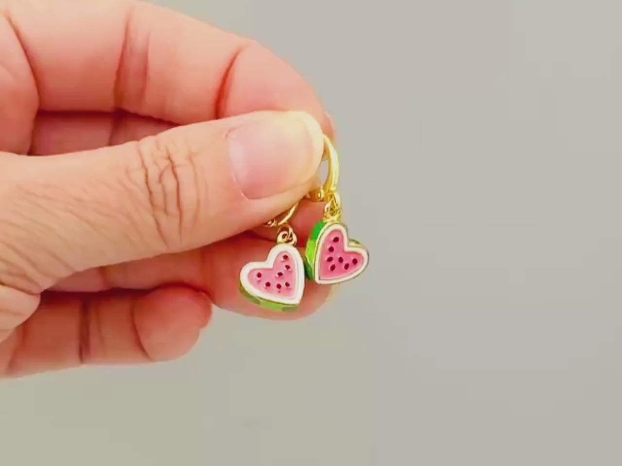 Watermelon Earrings Gold Huggie Hoops Cute Summer Jewelry Pink Heart Fruit Charm Earrings Cottagecore Jewelry Chef Gift for gardeners, women