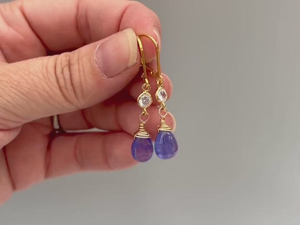 Dainty Tanzanite Earrings dangle, Gold Dangly purple gemstone crystal 14k Handmade December Birthstone Jewelry for women