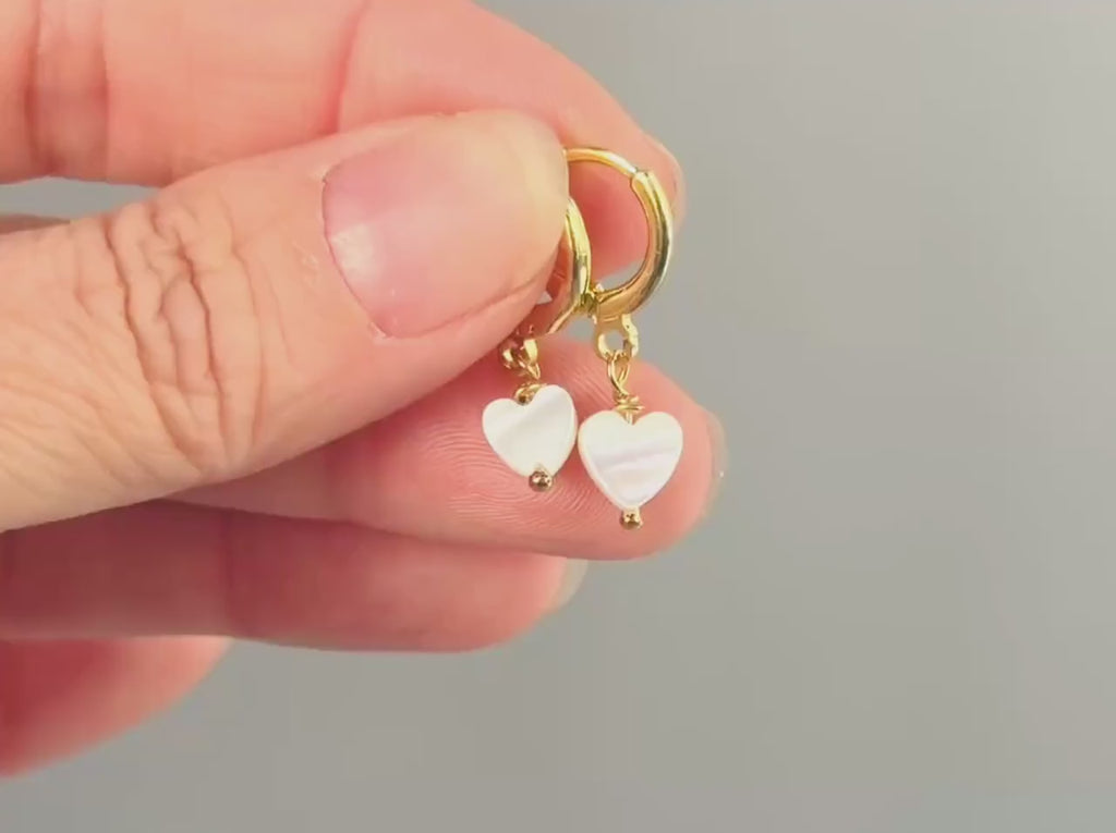 Dainty Gold Mother of Pearl Heart Earrings Huggie Hoops Dangle charms Silver, Rose Gold romantic birthday gift girlfriend wife sister mom