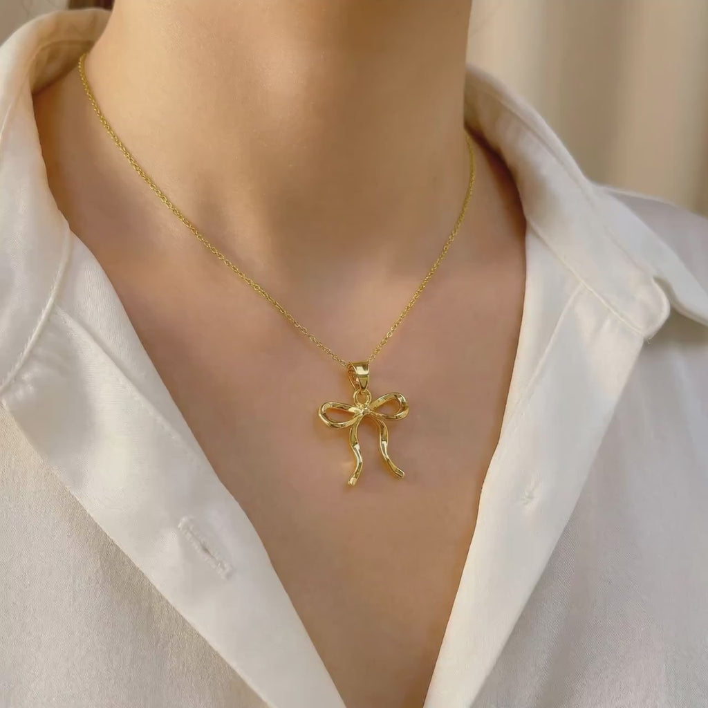 Ribbon Bow Necklace Gold, Silver pendant romantic coquette bowknot jewelry gift for girlfriend, wife feminine pendant necklace for women