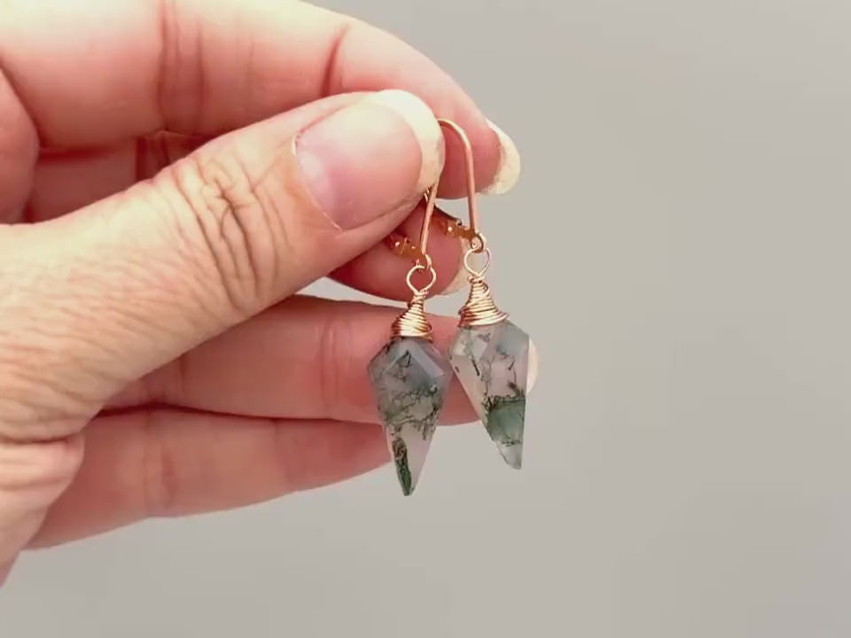 Moss Agate Earrings Dangle Sterling Silver, Rose Gold, 14k Gold Fill dainty raw green gemstone crystal Handmade jewelry gift for daughter