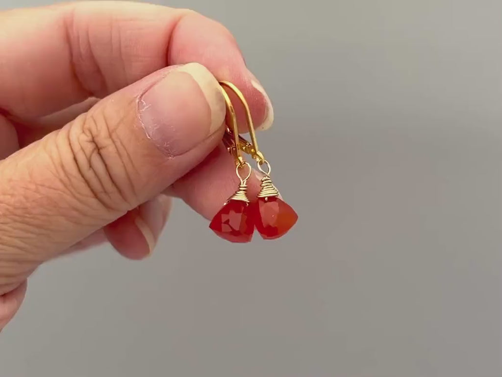 Carnelian earrings dangle Sterling Silver, 14k gold, Rose Gold Dainty, Dangly tear drop crystal Red Orange gemstone jewelry for women