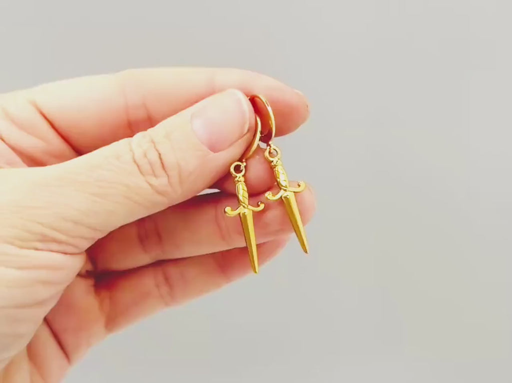 Silver Dagger Sword Hoop Earrings dangle