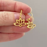 Gold Lotus Earrings Huggie Hoop dangle handmade water lily July birth flower jewelry for summer July birthflower Zen yoga gift for gardener