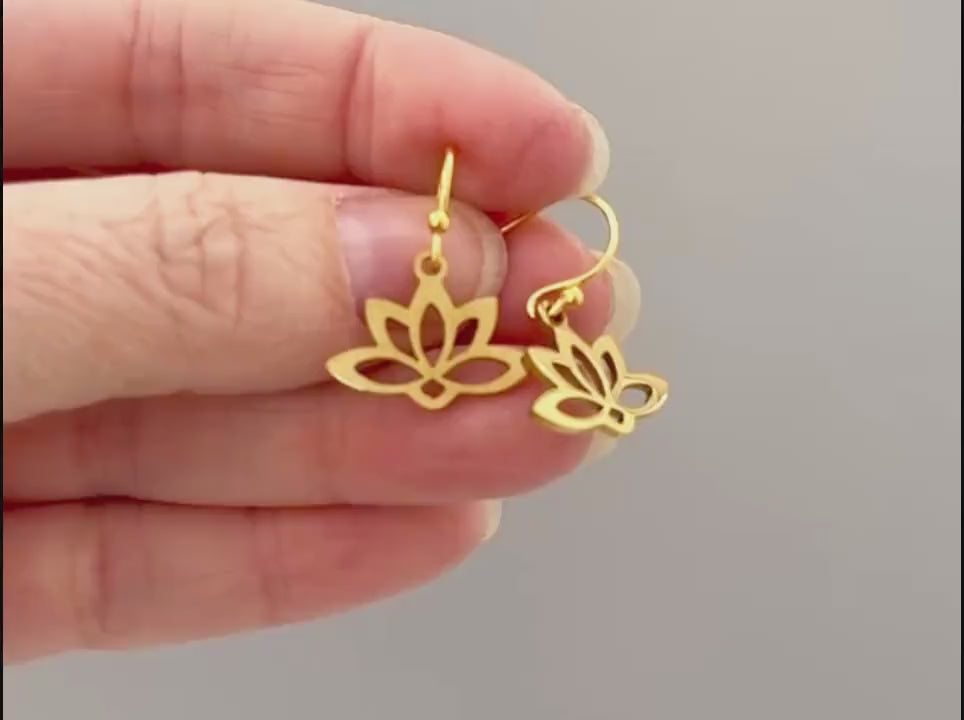 Gold Lotus Earrings Huggie Hoop dangle handmade water lily July birth flower jewelry for summer July birthflower Zen yoga gift for gardener
