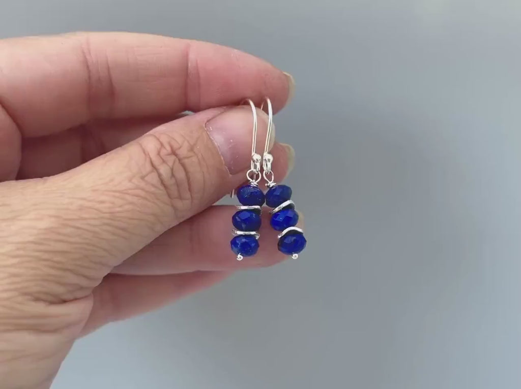 Lapis Lazuli Earrings dangle, sterling silver boho 14k gold, dangly blue gemstone lightweight everyday jewelry for women December Birthstone