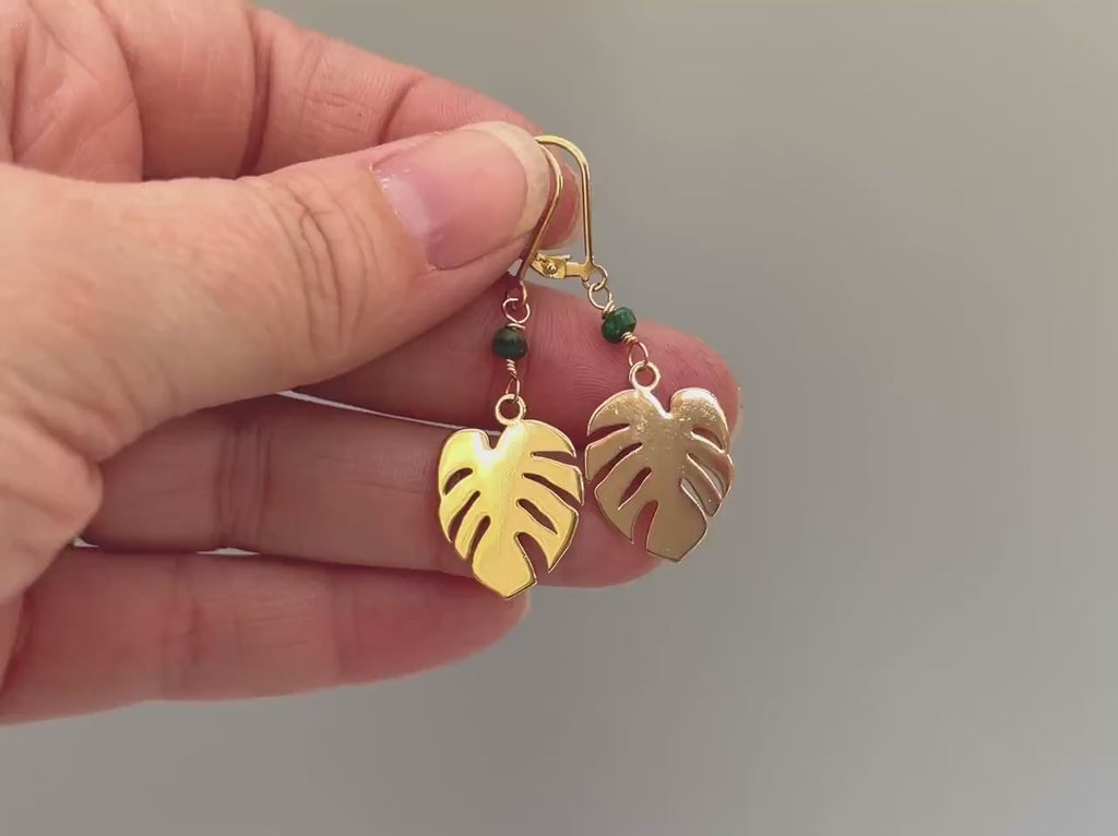 Emerald Monstera Leaf Emerald earrings dangle
