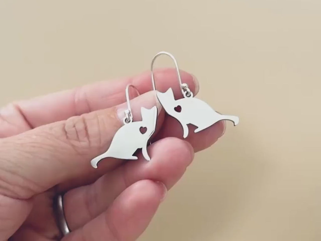 Cat Earrings dangle silver, gold handmade animal jewelry unique whimsical fun gift for kitten kitty lovers, vets, mom, sister, bff grandma