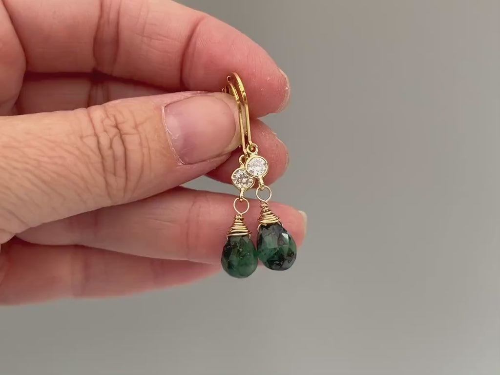 Dainty Emerald earrings dangle, 14k Gold crystal silver dangly tear drop boho handmade green gemstone jewelry for women, May Birthstone