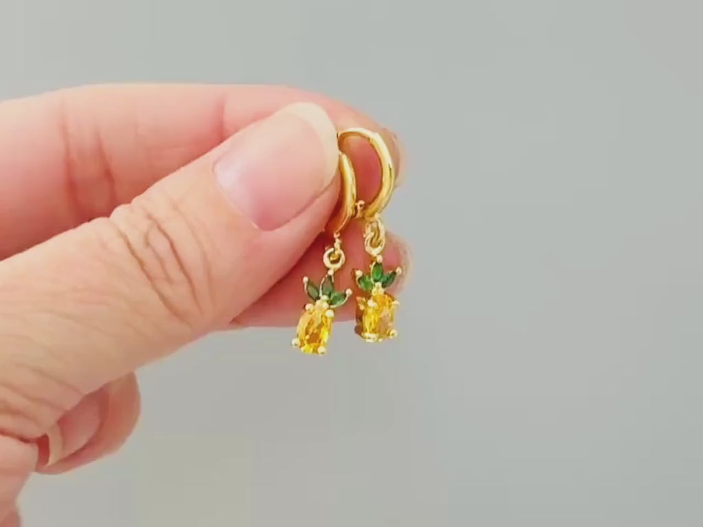 Tiny Pineapple Earrings crystal Gold Huggie Hoops yellow Fruit Charm Earrings, Tropical Summer Jewelry Chef Gift, Cute Summer Earrings