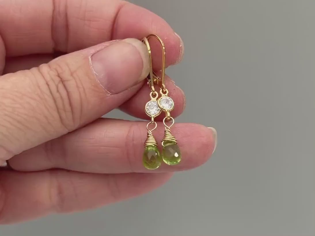 Dainty peridot earrings dangle, 14k Gold, silver dangly tear drop boho handmade green crystal jewelry for women, August Birthstone mom gift