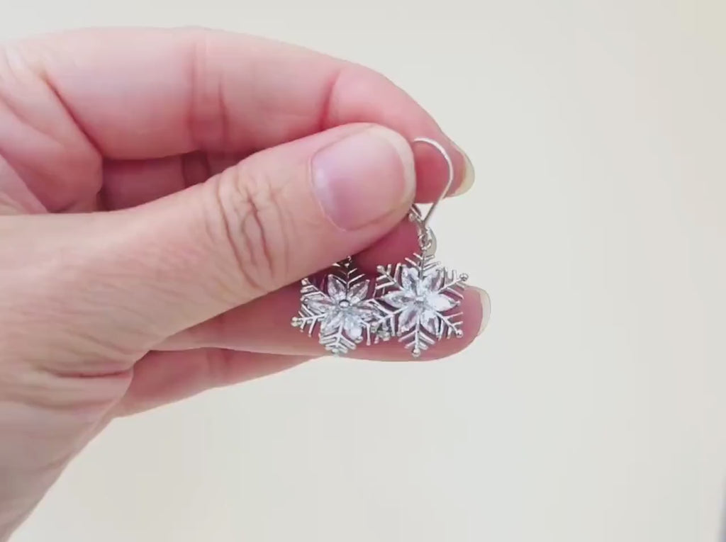 Silver Snowflake Earrings dangle handmade gold crystal winter wedding jewelry festive sparkling earrings for holiday parties sterling silver