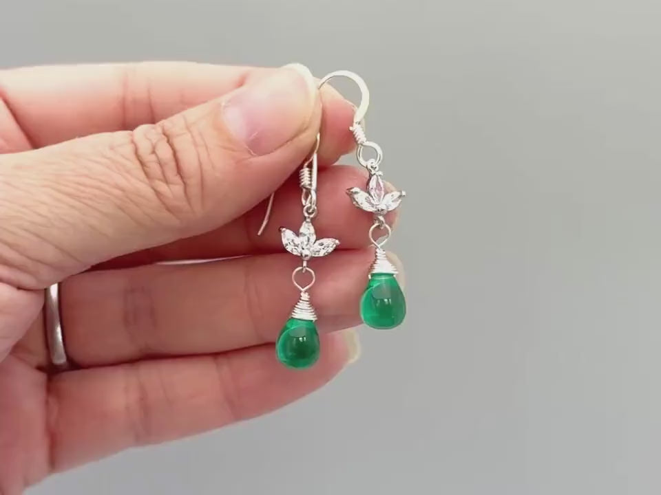 Emerald Green Gemstone earrings silver, gold sparkly crystal dangle teardrop boho gemstone jewelry for women dangly May birthstone earrings