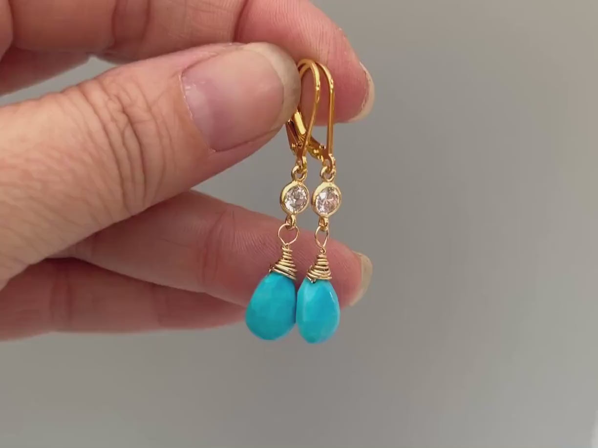 Turquoise earrings dangle, 14k Gold fill dangly tear drop crystal boho handmade blue gemstone jewelry for women, bridesmaids gift for wife