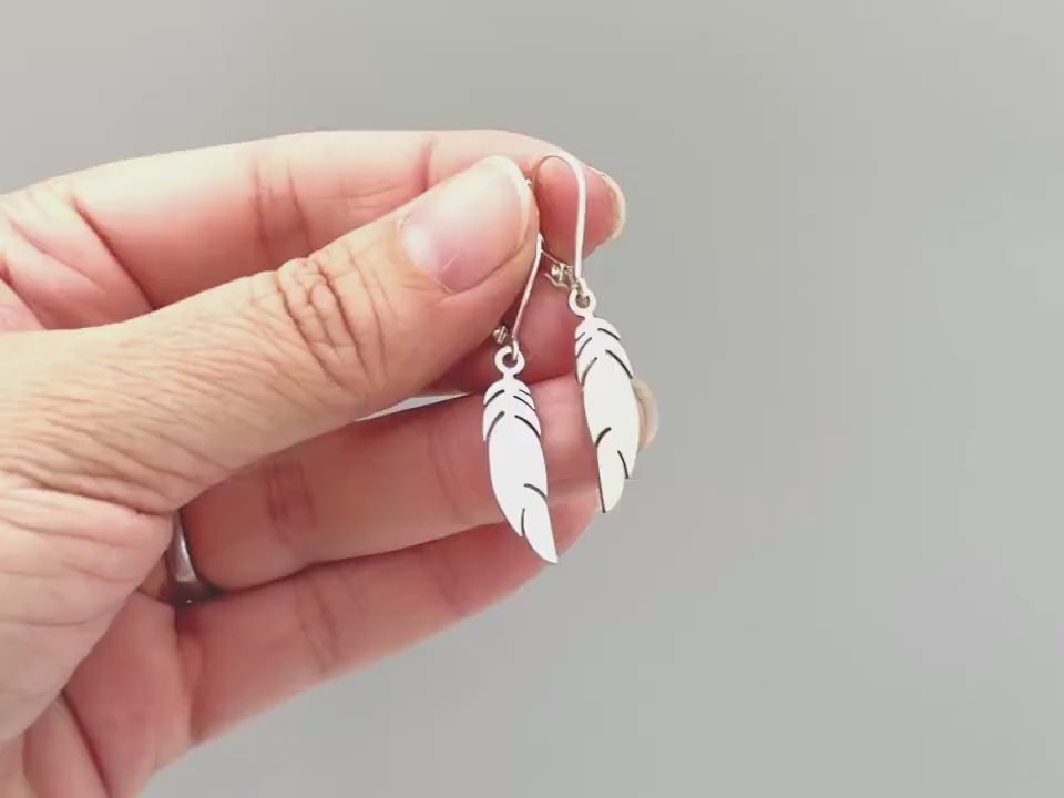 Silver Feather Earrings dangle gold, rose gold, Bird Jewelry unique gift for mom, nature, bird lover, wife, Handmade dangly lightweight