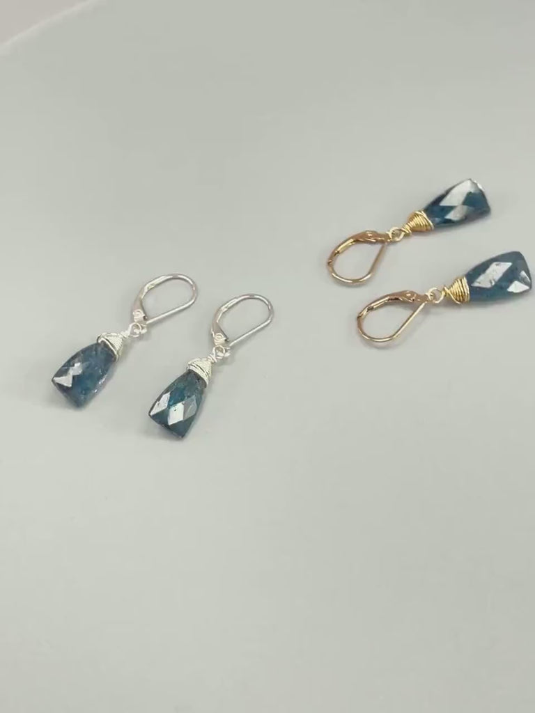 Kyanite Earrings Dangle drop 14k Gold fill, Sterling Silver, 14k Solid Gold Teal Blue Moss Kyanite dangly Artisan Handmade crystal Jewelry