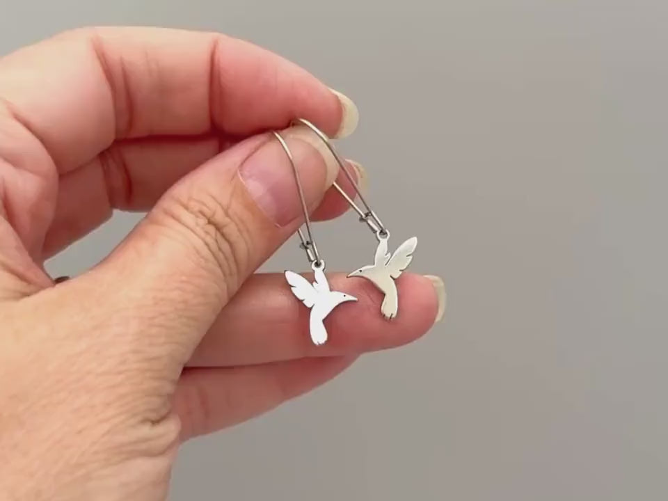 Hummingbird Earrings dangle silver, gold Bird Jewelry unique gift for mom, nature bird lover, wife, sister Handmade dangly long lightweight