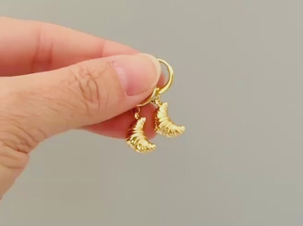 Dainty Croissant Earrings gold Huggie Hoops, cute trendy miniature food jewelry, unique fun whimsical bread gift for chef, baker, foodie