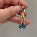 Citrine London Blue Topaz earrings dangle, Sterling Silver