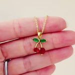 Dainty Gold Cherry Necklace  cute red and green fruit jewelry food pendant for women unique, trendy charm pendant gift for foodie, chef, mom