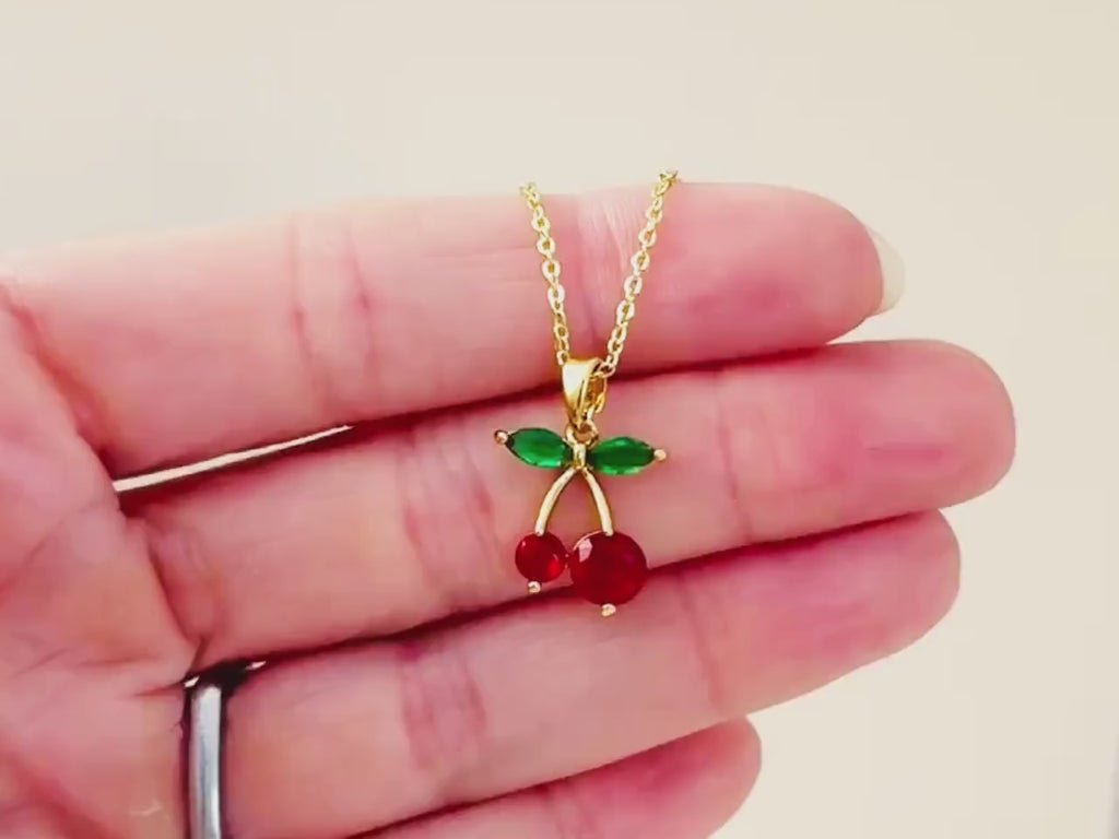 Dainty Gold Cherry Necklace  cute red and green fruit jewelry food pendant for women unique, trendy charm pendant gift for foodie, chef, mom