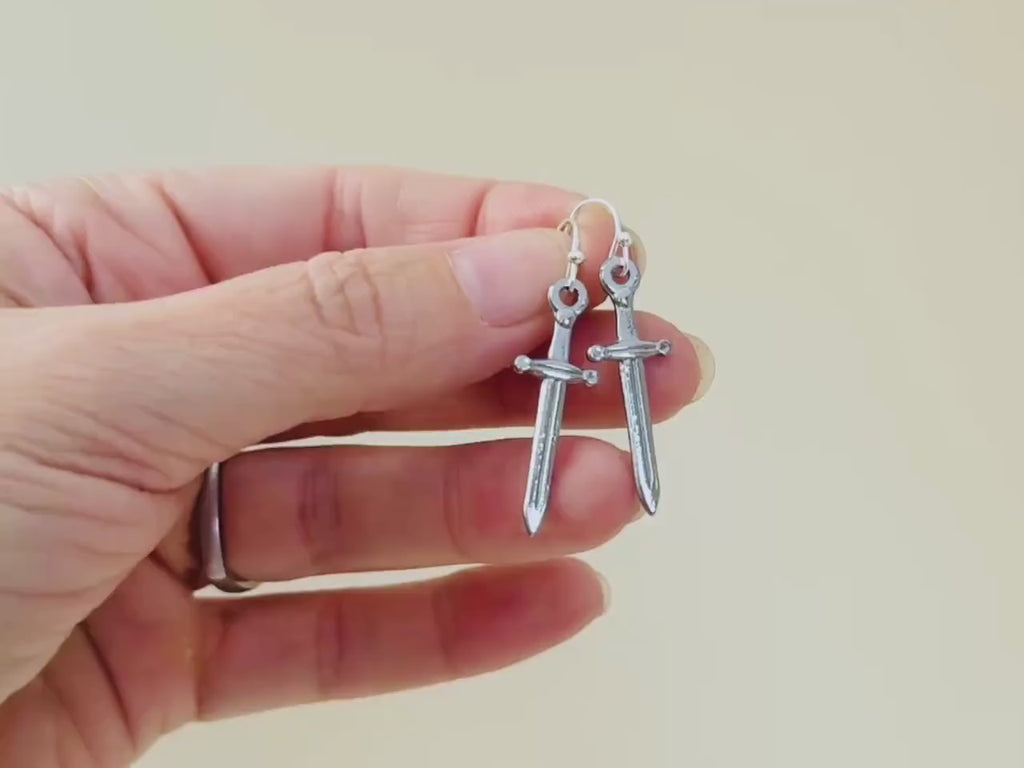 Sword Earrings dangle silver handmade medieval mythical dagger punk jewelry renaissance faire Celtic gothic earrings stainless steel grunge