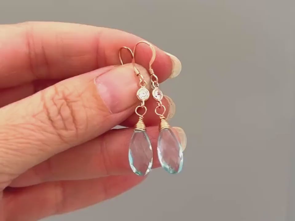 Aquamarine Earrings dangle, Rose Gold, Gold Silver dainty blue gemstone crystal Handmade March Birthstone crystal Jewelry gift for mom, wife