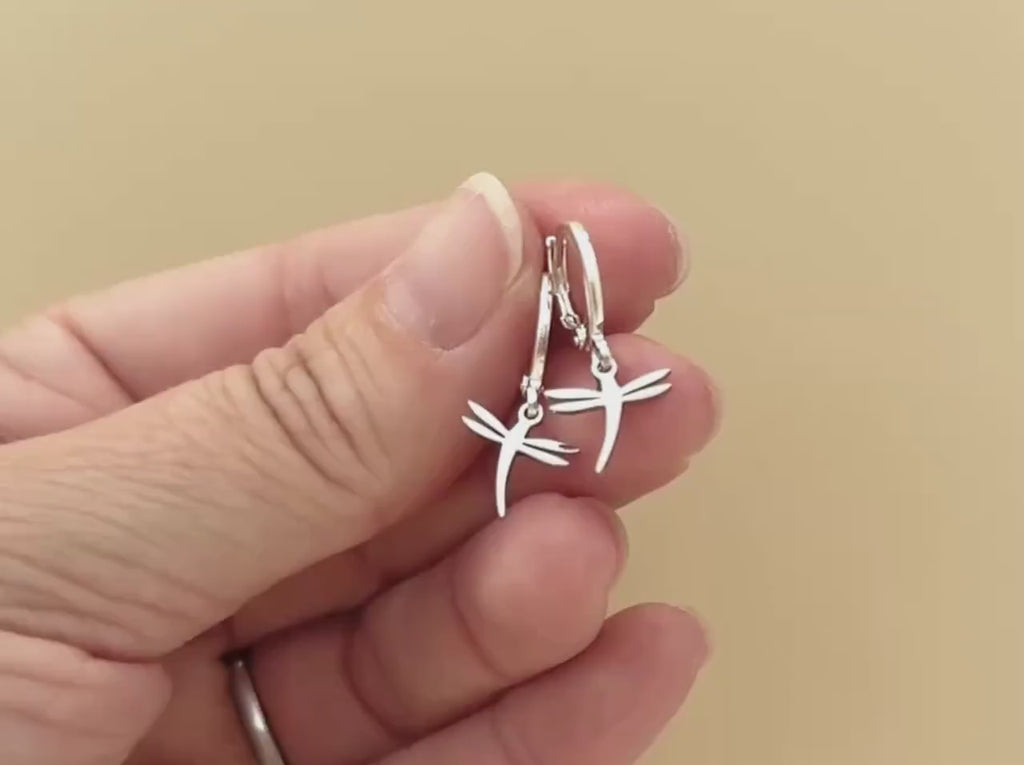 Tiny Dragonfly Earrings dangle Huggie Hoops silver, gold