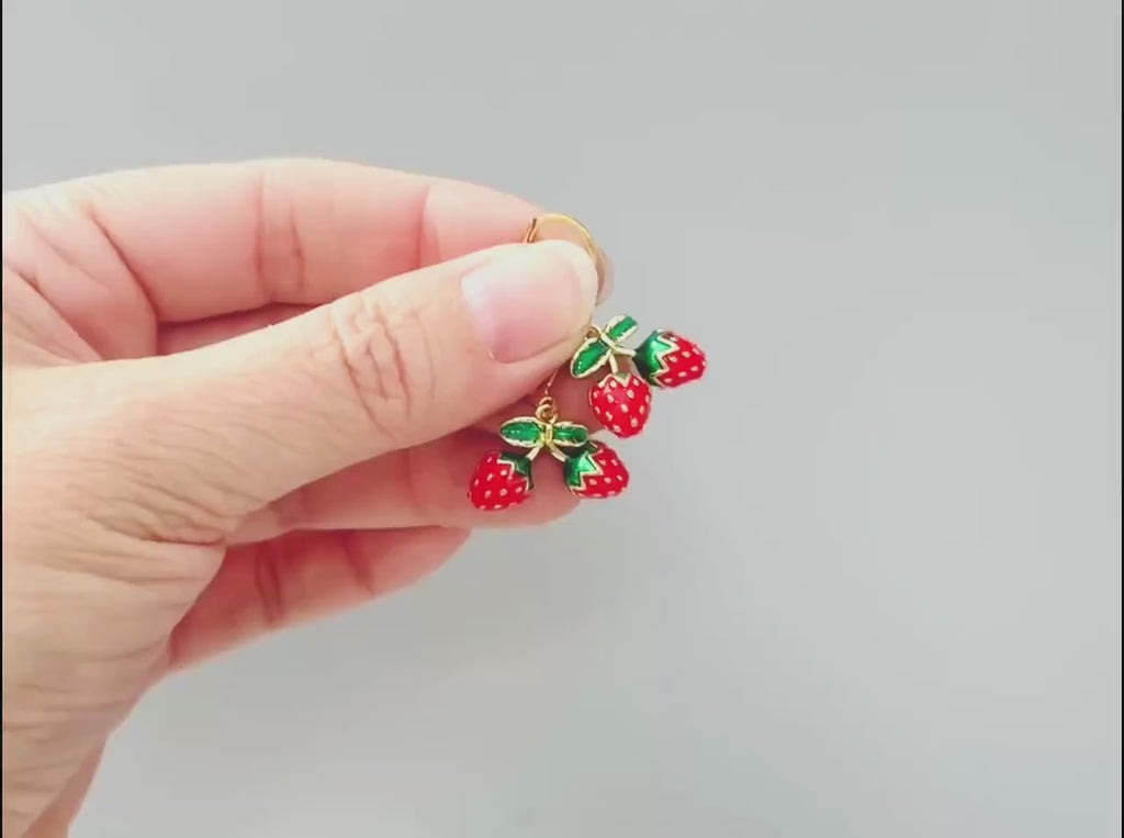 Strawberry Earrings Gold Leverbacks Red Charm Earrings, Cottagecore Jewelry Fruit Chef Gift, Cute Summer Earrings gift for gardener, mom bff