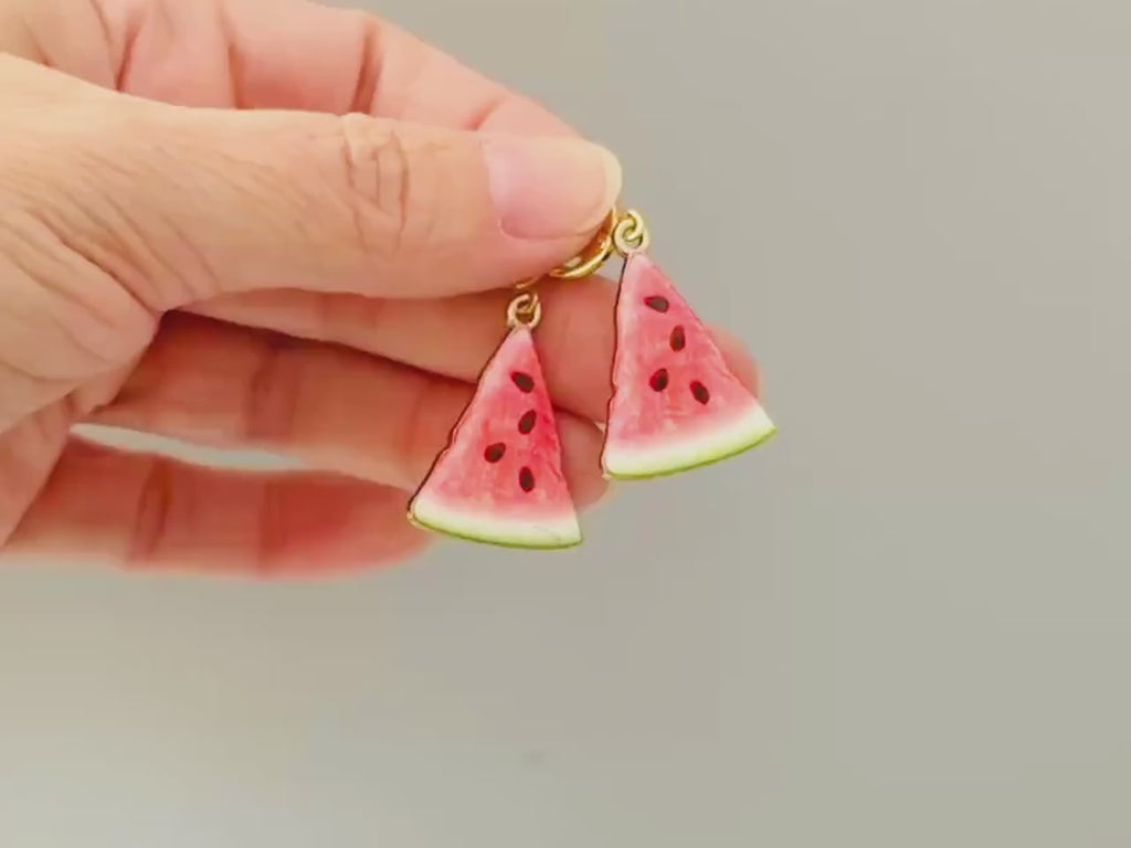Watermelon Earrings Gold Huggie Hoops Cute Summer Jewelry Pink Fruit Charm Earrings Cottagecore Jewelry for Chef Gift for gardeners, women