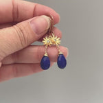 Lapis Sunflower Earrings 14k Gold Dangling Teardrop Blue Gemstone Dangle Earrings Everyday Handmade Lapis Lazuli Jewelry for women