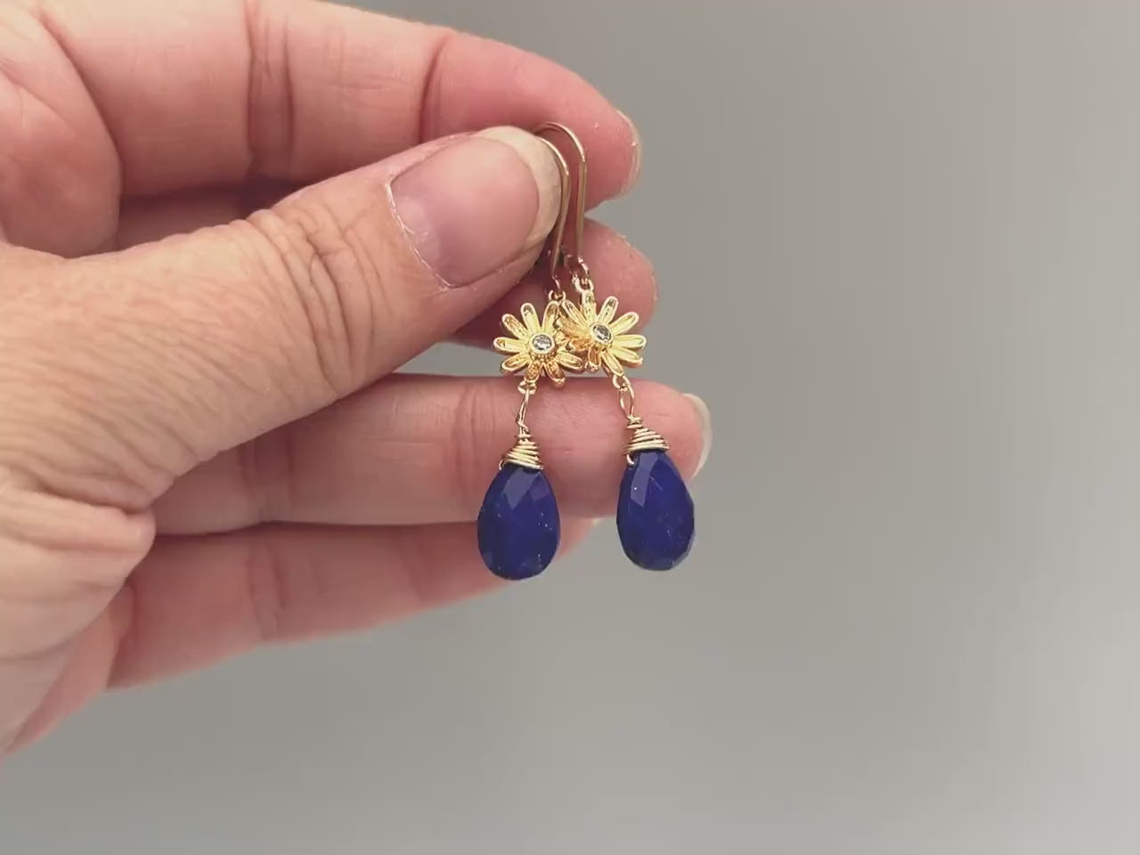 Lapis Sunflower Earrings 14k Gold Dangling Teardrop Blue Gemstone Dangle Earrings Everyday Handmade Lapis Lazuli Jewelry for women