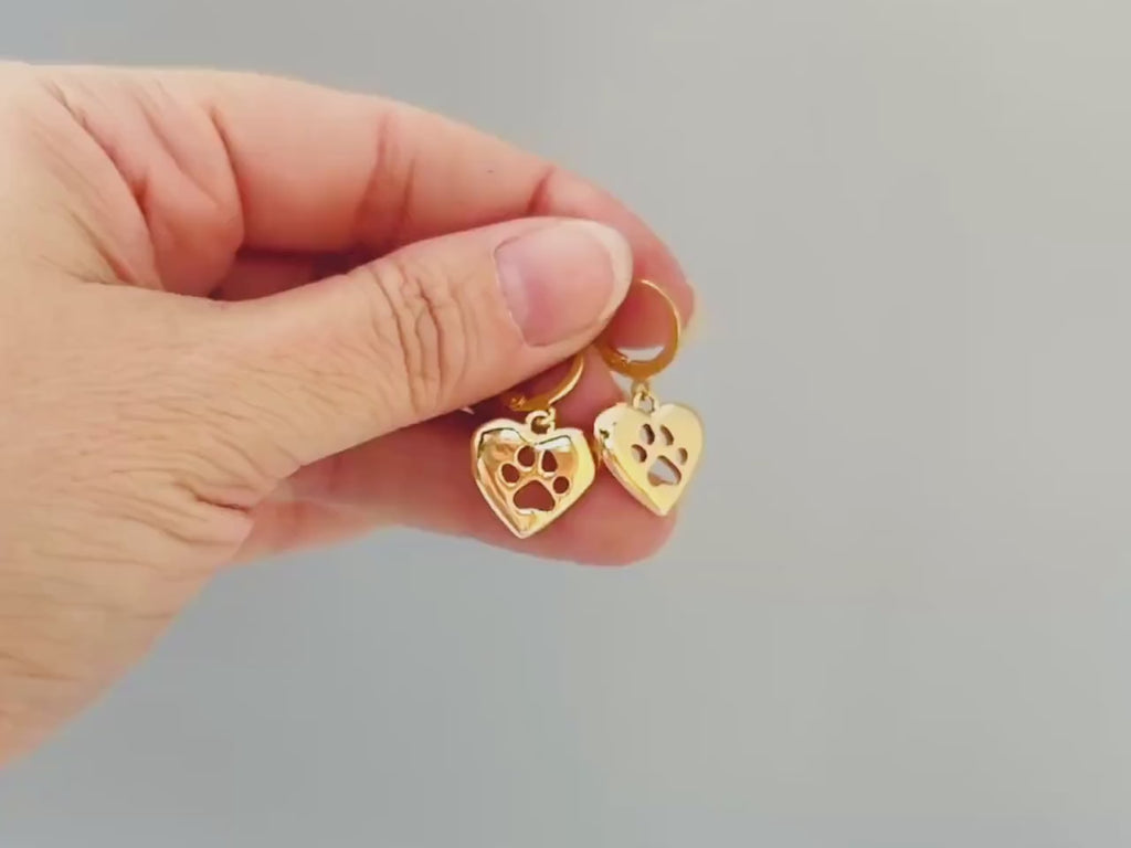 Gold Heart Dog Paw Print Earrings dangle Huggie Hoops handmade silver animal jewelry gift for dog moms animal lovers veterinarians vet techs