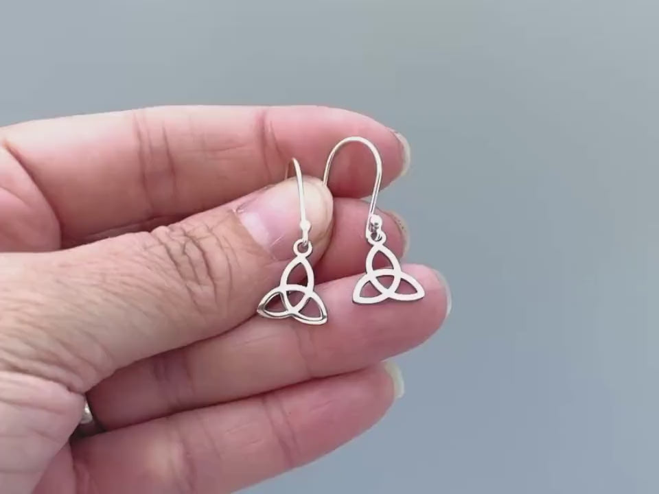 Celtic Trinity Knot Earrings dangle gold, sterling silver pagan Irish jewelry unique gift for friend handmade dangly lightweight earrings