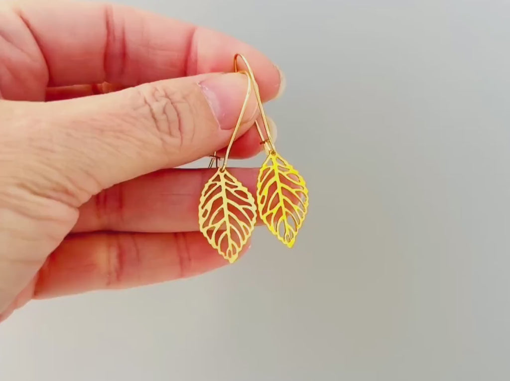 Gold Leaf Earrings dangle handmade statement chandelier long lightweight plant nature Jewelry unique gift for gardener mom wife sister bff
