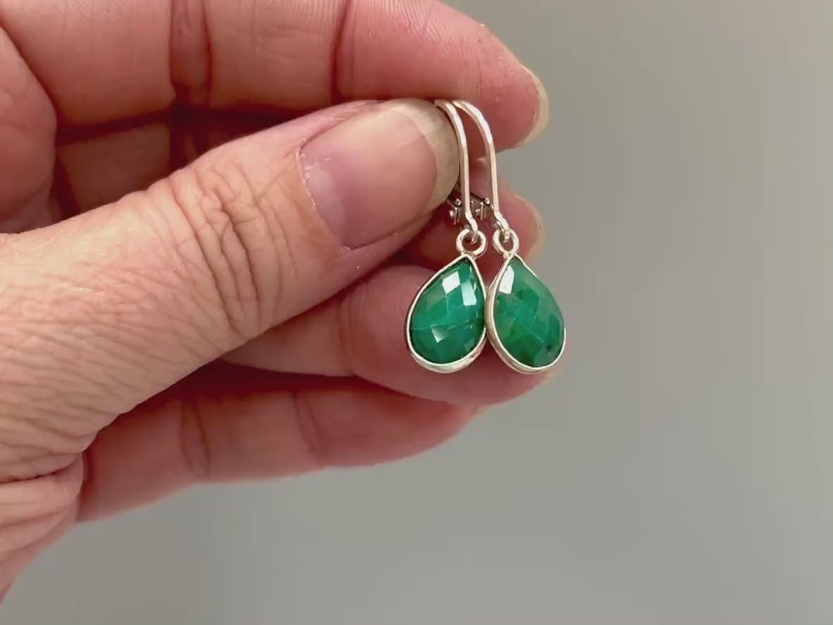 Emerald Earrings Dangle teardrop shaped Handmade Sterling Silver raw gemstone jewelry for women Dangling drop earrings Dainty May Birthstone