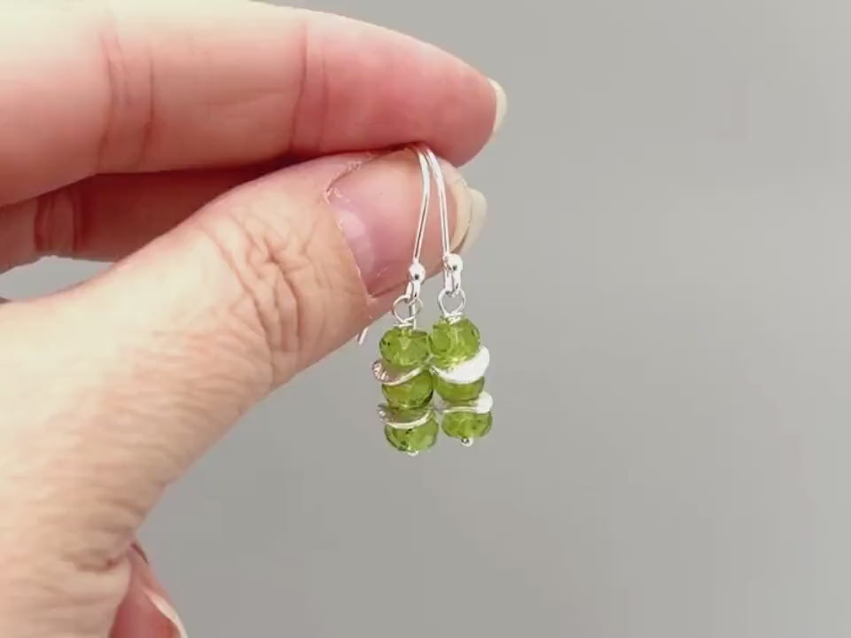 Peridot Earrings dangle, drop sterling silver, 14k gold, rose gold dangly green gemstone lightweight everyday jewelry for women Birthstone