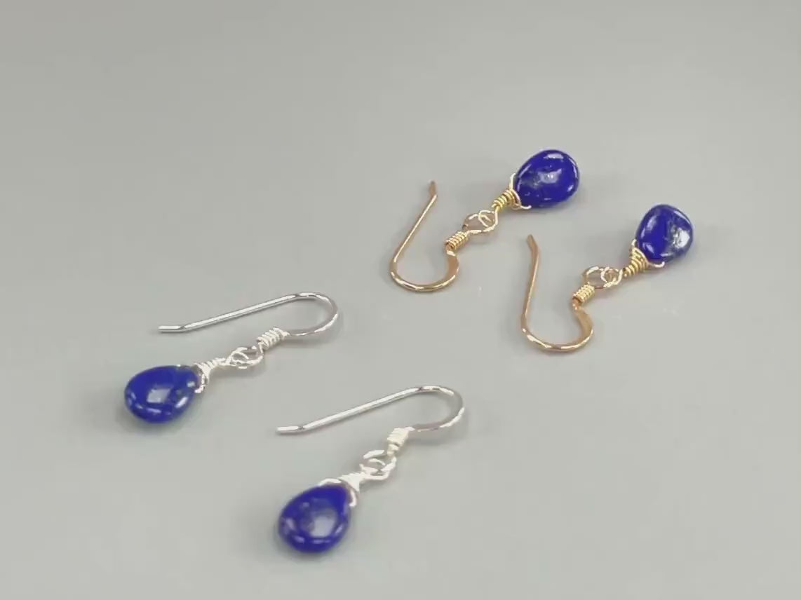 Dainty Lapis Lazuli earrings dangle 14k Gold fill, Sterling Silver Tiny tear drop dangly crystal earrings  Handmade Jewelry for women